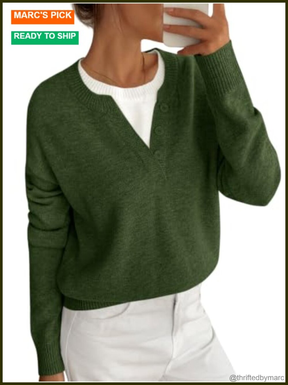 Long Sleeve Knit Pullover Sweater Crew Neck Relaxed Fit with Front Buttons